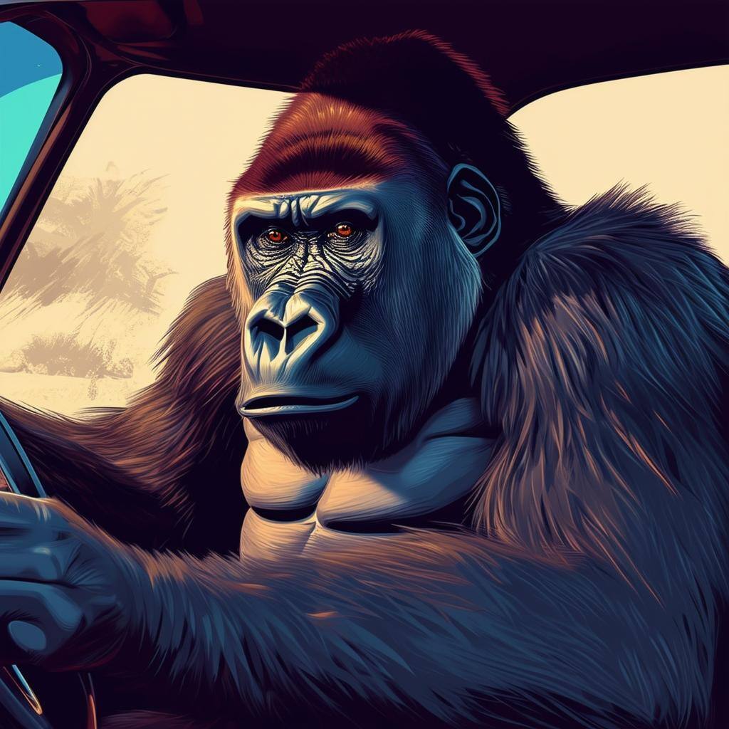 a gorilla driving in a car