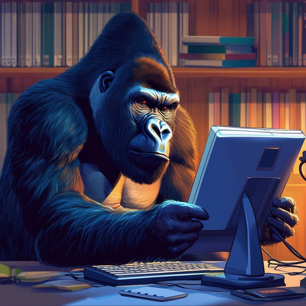 a gorilla reading something at the computer